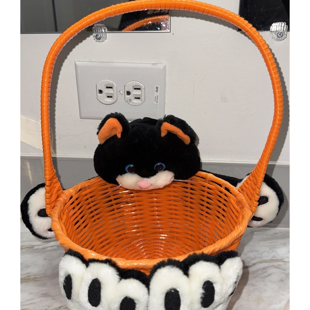 VTG Topstone Industries Orange Halloween Basket With Black &‎ White Cat